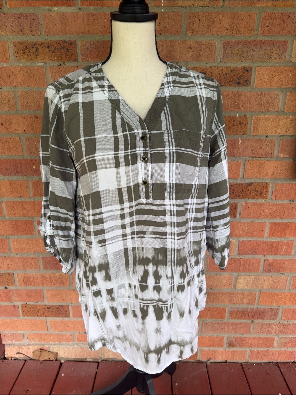 Westbound Olive and White Plaid Half Button-Up Shirt